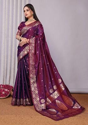 Purple Embroidered Blended Saree Set