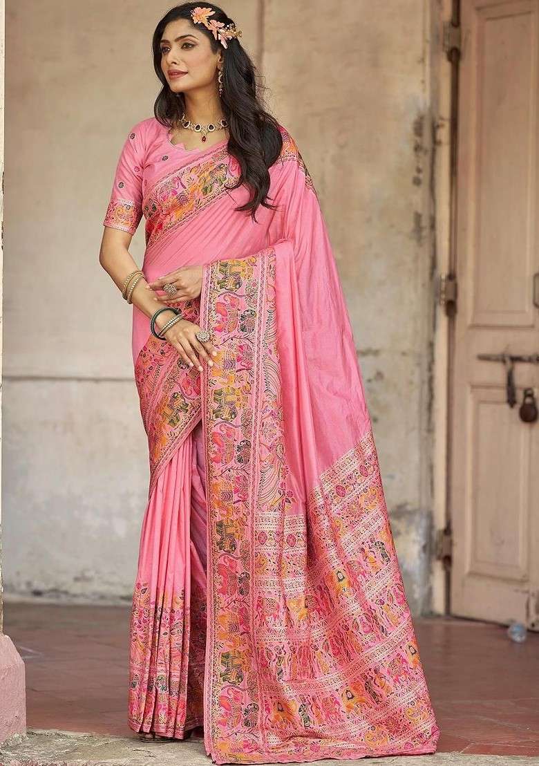 Pink Embellished Blended Saree Set for Diwali | Wedding & Festive Wear - Indya