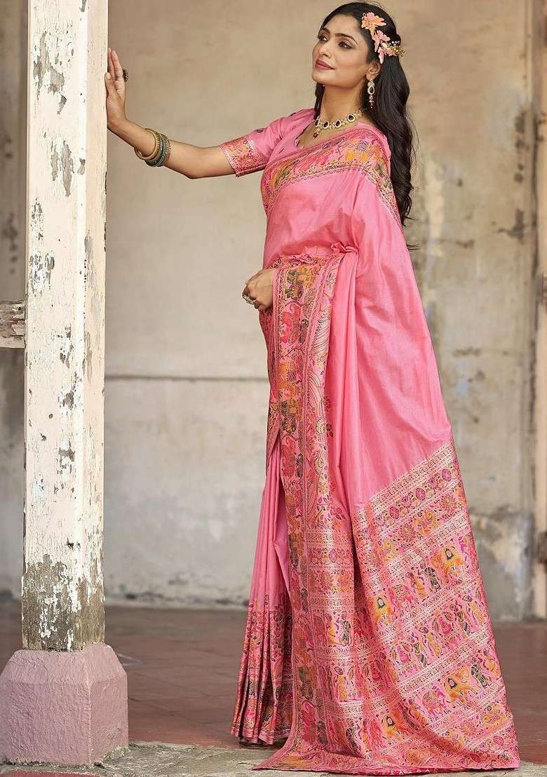 Pink Embellished Blended Saree Set for Diwali | Wedding & Festive Wear - Indya