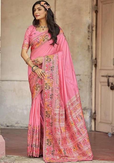 Pink Embellished Blended Saree Set for Diwali | Wedding & Festive Wear