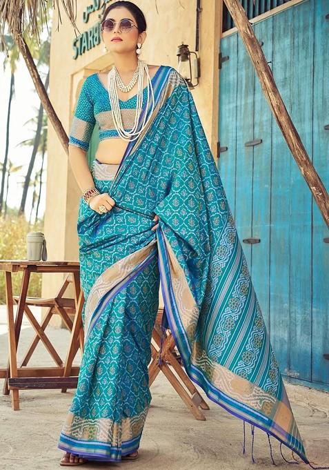 Turquoise Blue Embellished Blended Saree Set