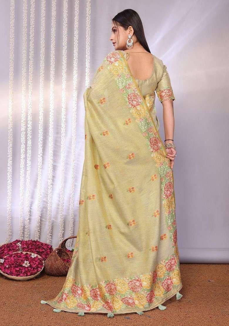Cream Blended Saree Set with Printed for Diwali | Wedding & Festive Wear - Indya