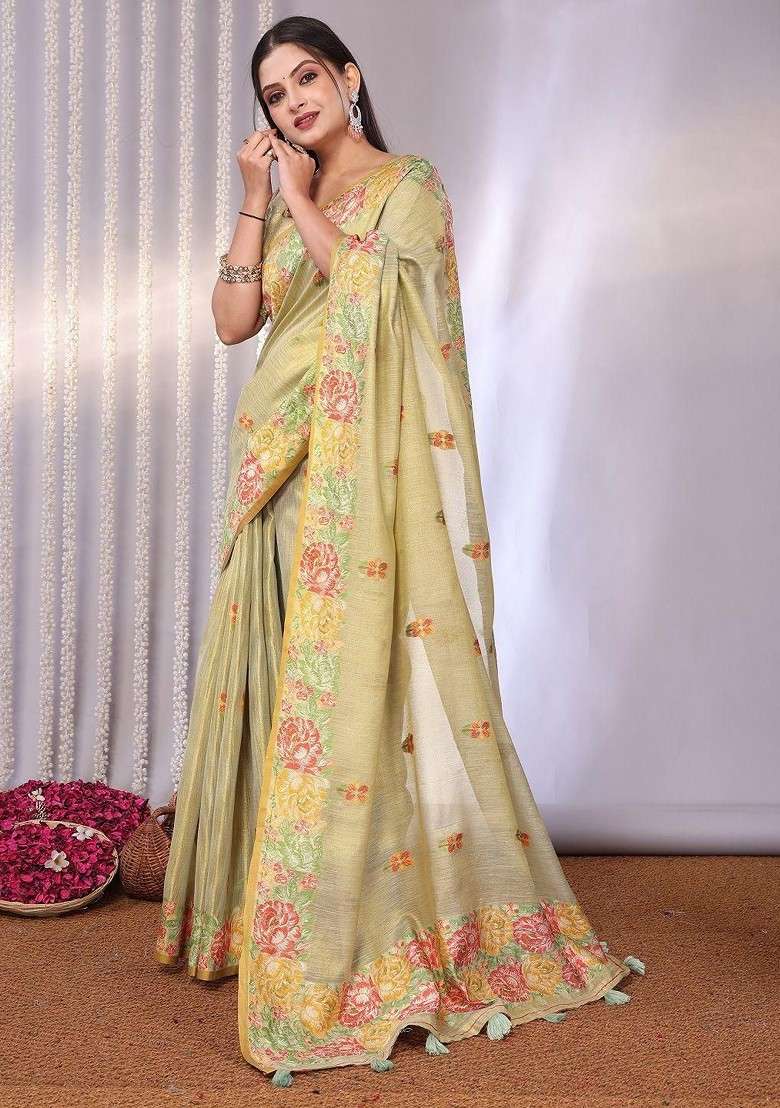 Cream Blended Saree Set with Printed for Diwali | Wedding & Festive Wear - Indya