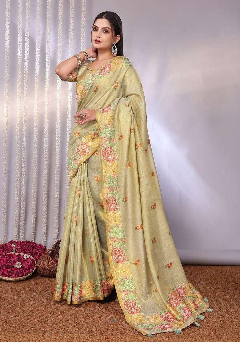 Cream Blended Saree Set with Printed for Diwali | Wedding & Festive Wear - Indya