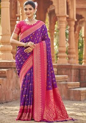 Purple Jacquard Blended Saree Set