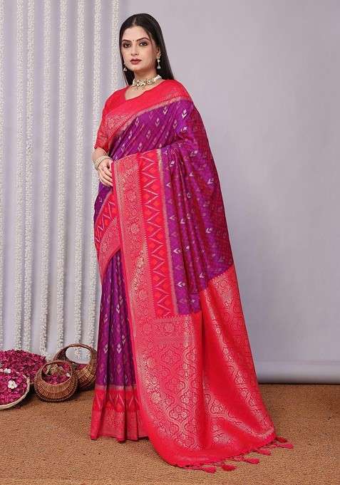 Purple Blended Jacquard Saree Set for Diwali | Wedding & Festive Wear