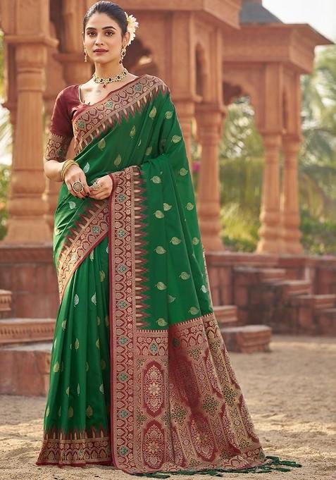 Green Embellished Blended Saree Set — view on Indya