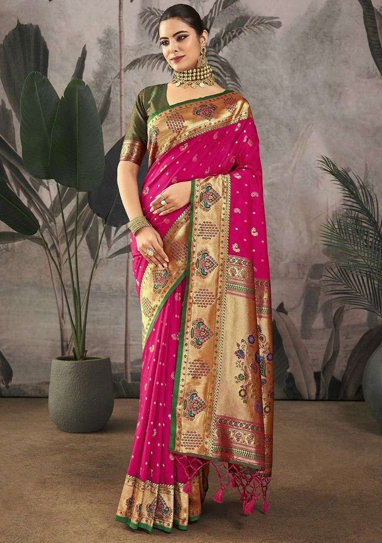 Pink Blended Jacquard Saree Set for Diwali | Wedding & Festive Wear - Indya