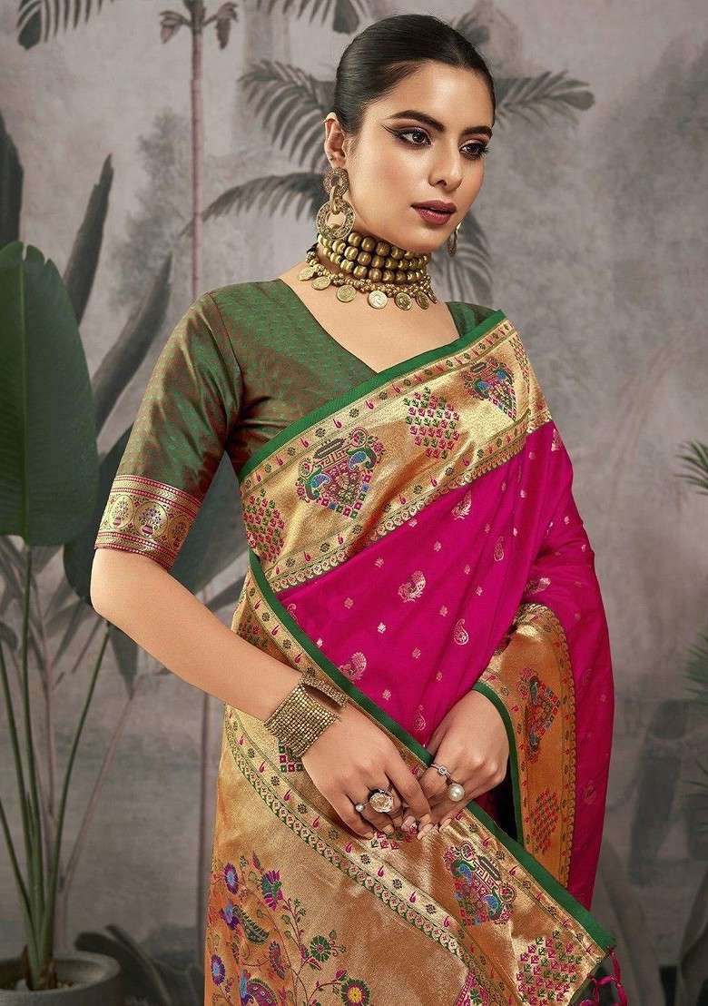 Pink Blended Jacquard Saree Set for Diwali | Wedding & Festive Wear - Indya