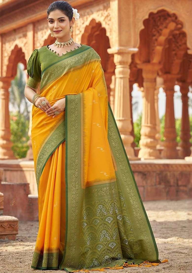 Yellow Jacquard Blended Saree Set - Indya