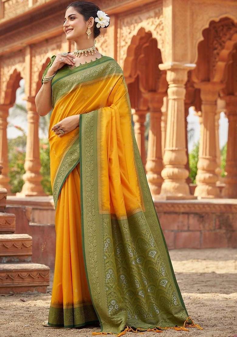 Yellow Jacquard Blended Saree Set - Indya