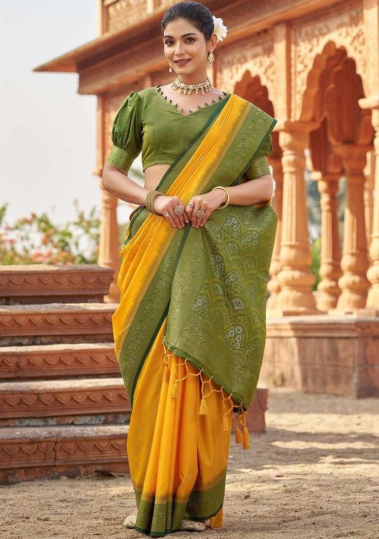 Yellow Jacquard Blended Saree Set - Indya