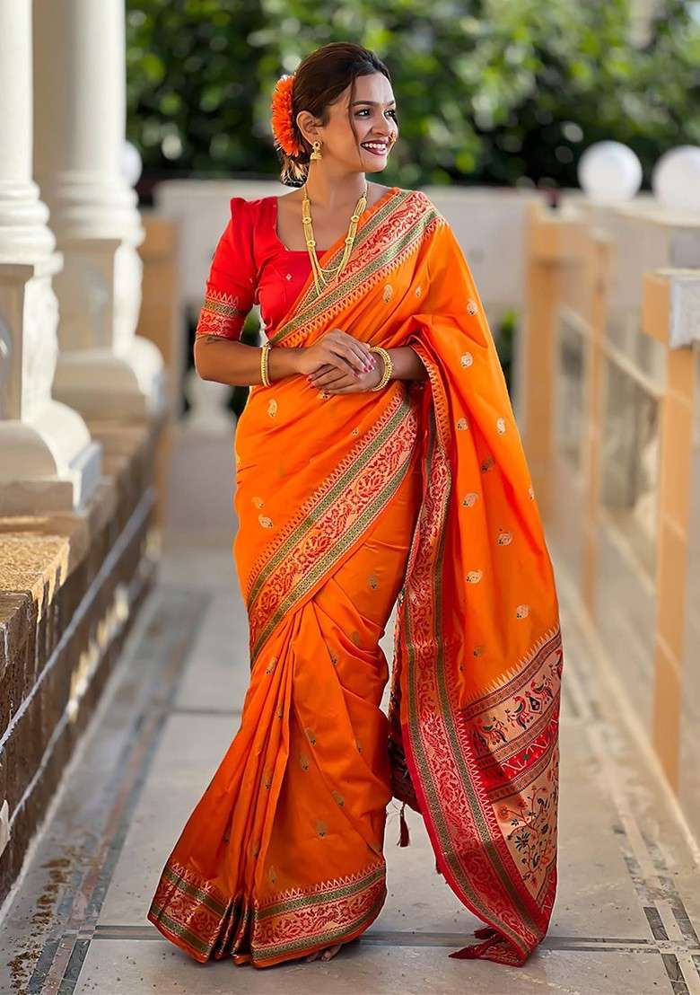 Orange Printed Blended Saree Set - Indya