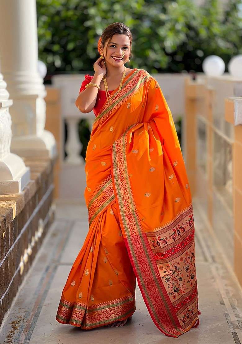 Orange Printed Blended Saree Set - Indya