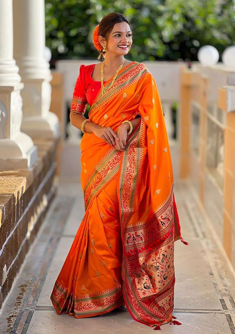 Orange Printed Blended Saree Set - Indya