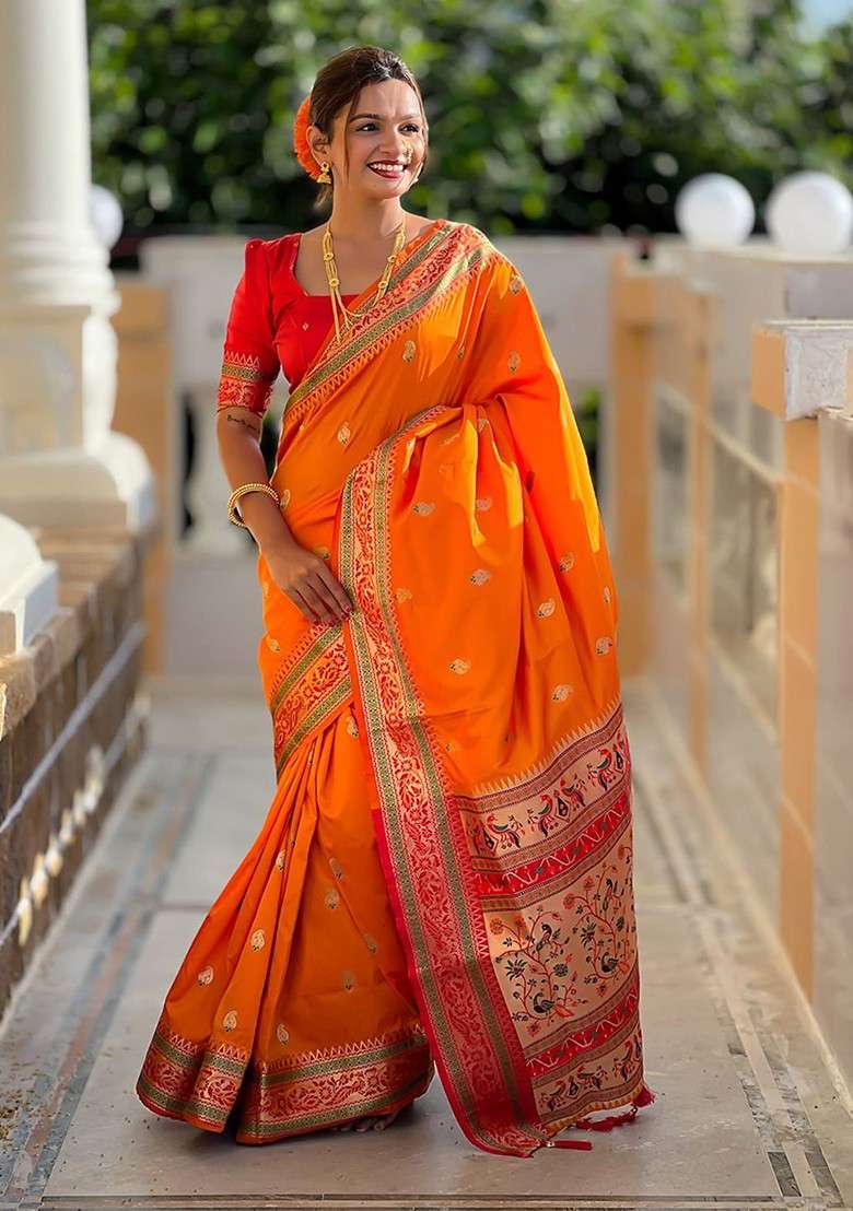 Orange Printed Blended Saree Set - Indya
