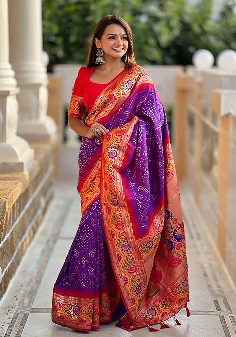 Purple Printed Blended Saree Set