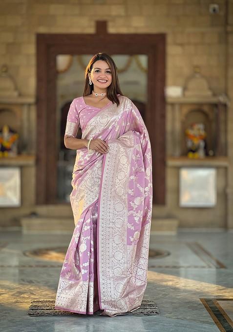 Pink Jacquard Blended Saree Set