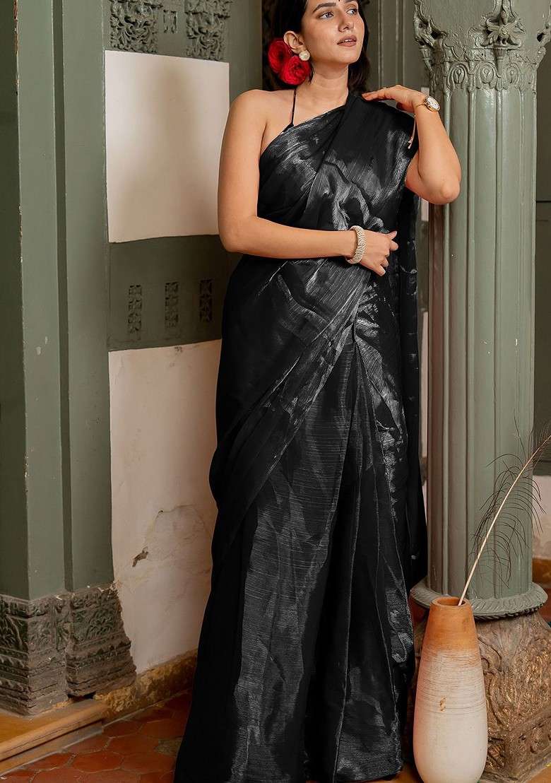 Black Solid Blended Saree Set for Diwali | Wedding & Festive Wear - Indya