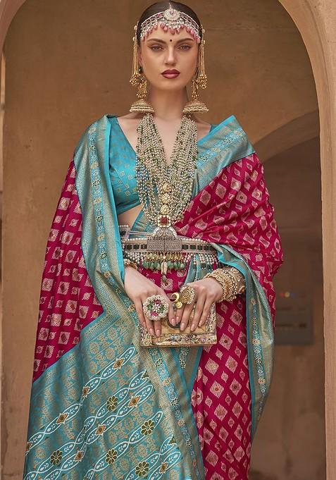 Pink Embroidered Blended Saree Set