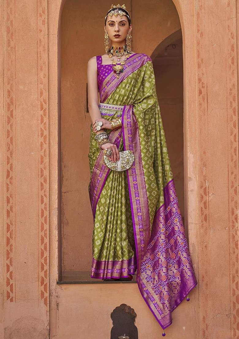 Olive Embroidered Blended Saree Set for Diwali and Festive Wear - Indya