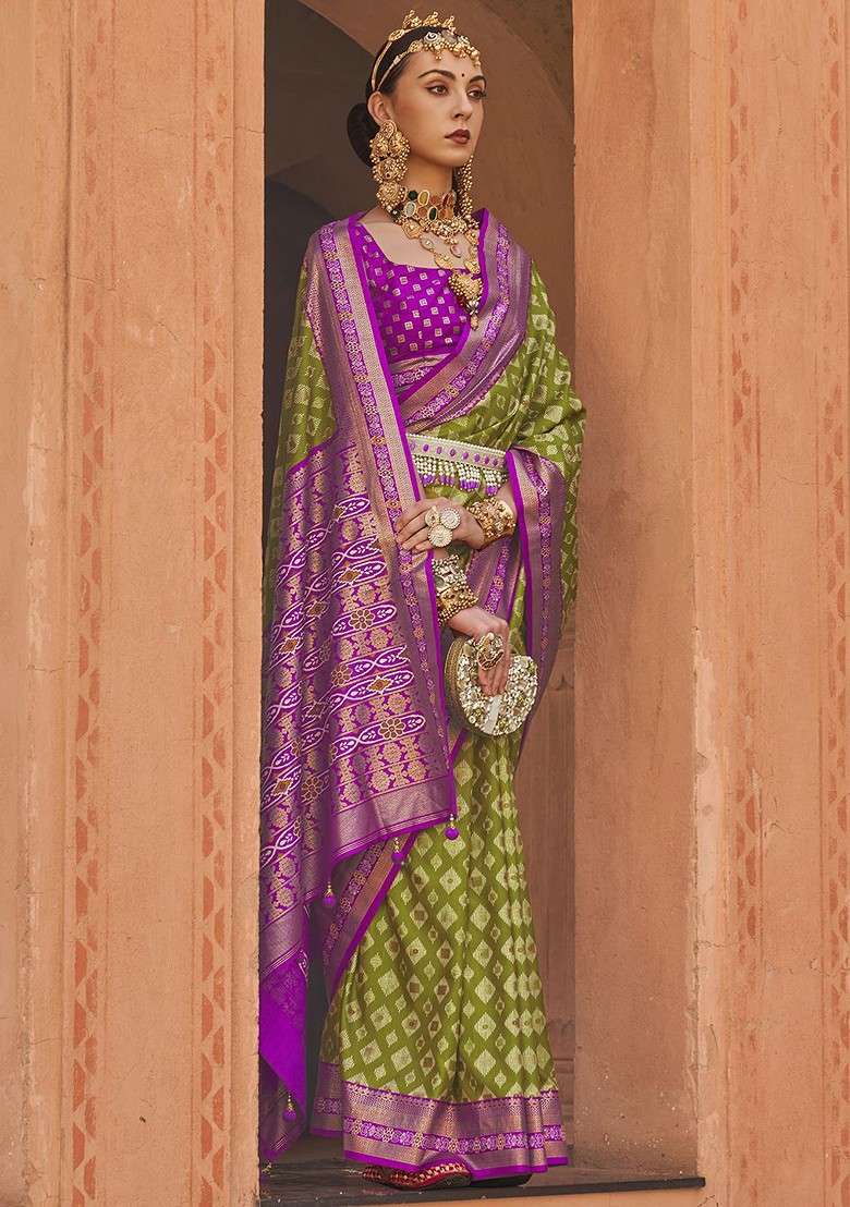 Olive Embroidered Blended Saree Set for Diwali and Festive Wear - Indya