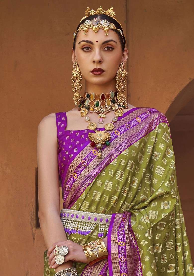 Olive Embroidered Blended Saree Set for Diwali and Festive Wear - Indya