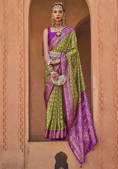 Olive Embroidered Blended Saree Set for Diwali and Festive Wear