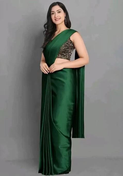 Green Embroidered Blended Saree Set