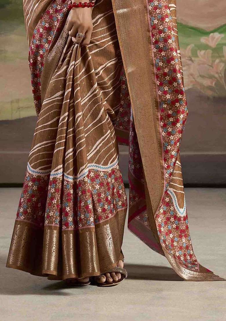 Brown Blended Saree Set with Printed for Diwali | Wedding & Festive Wear - Indya