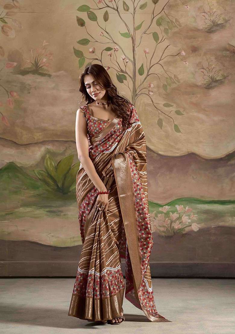Brown Blended Saree Set with Printed for Diwali | Wedding & Festive Wear - Indya