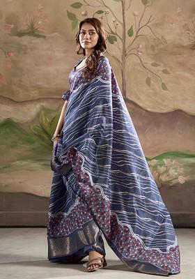 Navy Blue Printed Blended Saree Set