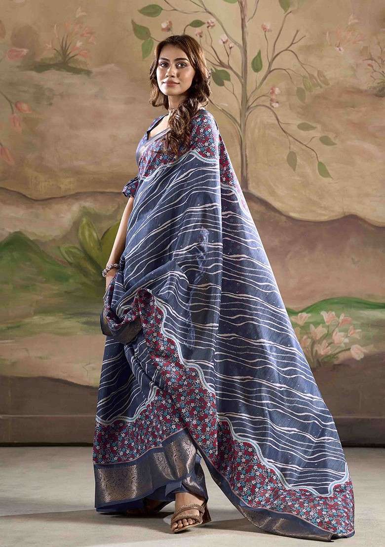 Navy Blue Printed Blended Saree Set for Diwali and Festive Wear - Indya