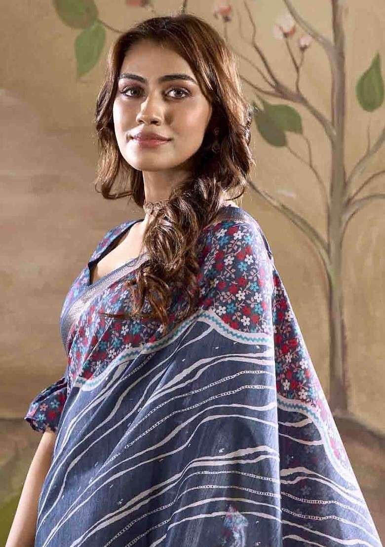 Navy Blue Printed Blended Saree Set for Diwali and Festive Wear - Indya