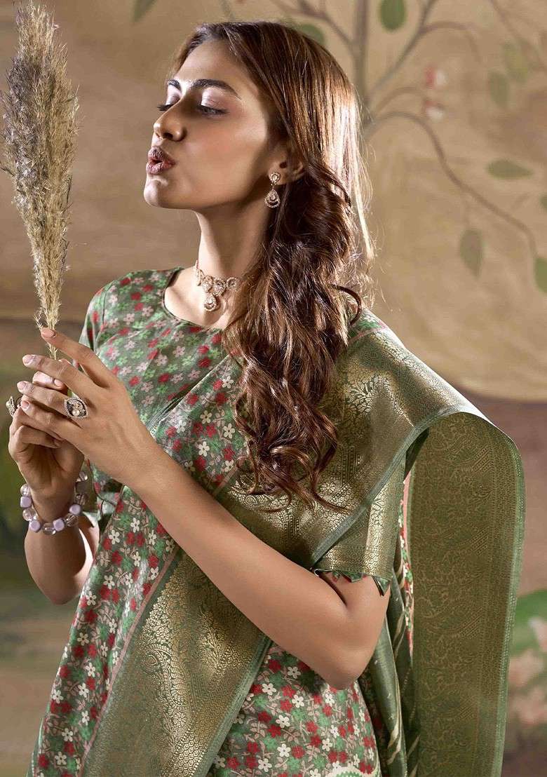 Olive Printed Blended Saree Set for Diwali and Festive Wear - Indya