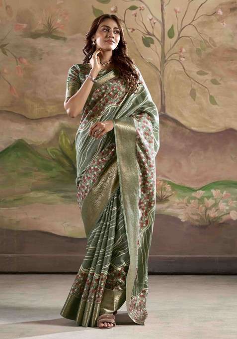 Olive Printed Blended Saree Set for Diwali and Festive Wear