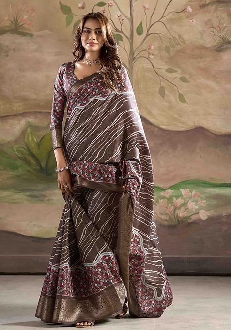 Coffee Brown Printed Blended Saree Set — view on Indya