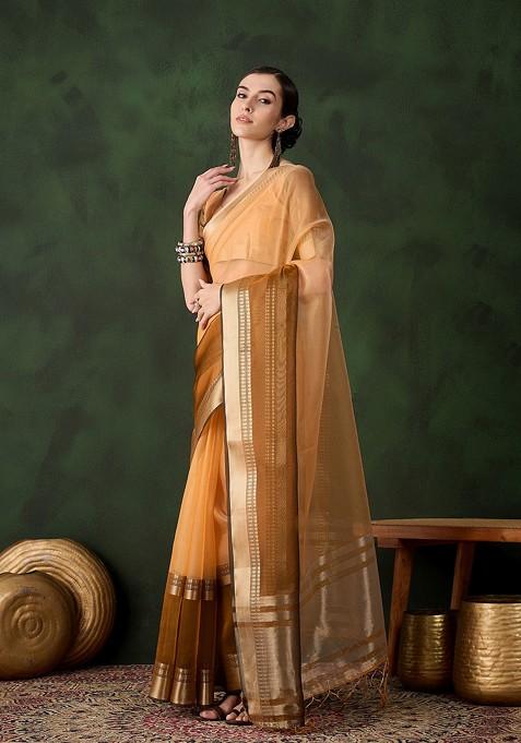 Yellow Embroidered Blended Saree Set