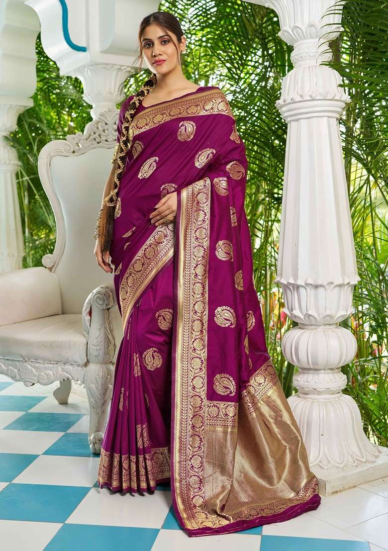 Purple Embroidered Blended Saree Set - Indya