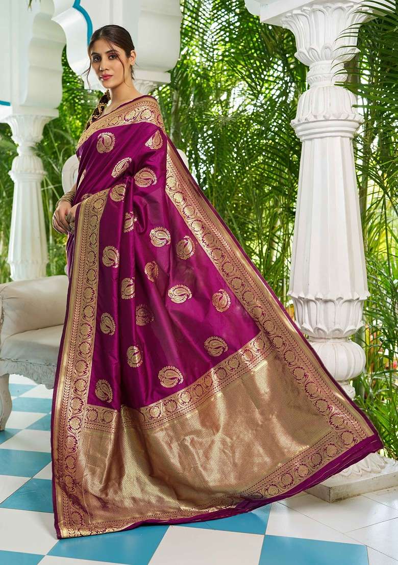 Purple Embroidered Blended Saree Set - Indya