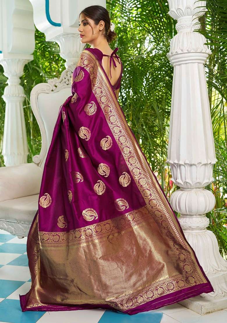 Purple Embroidered Blended Saree Set - Indya