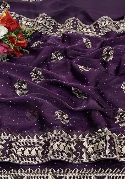 Burgundy Embroidered Blended Saree Set — view on Indya