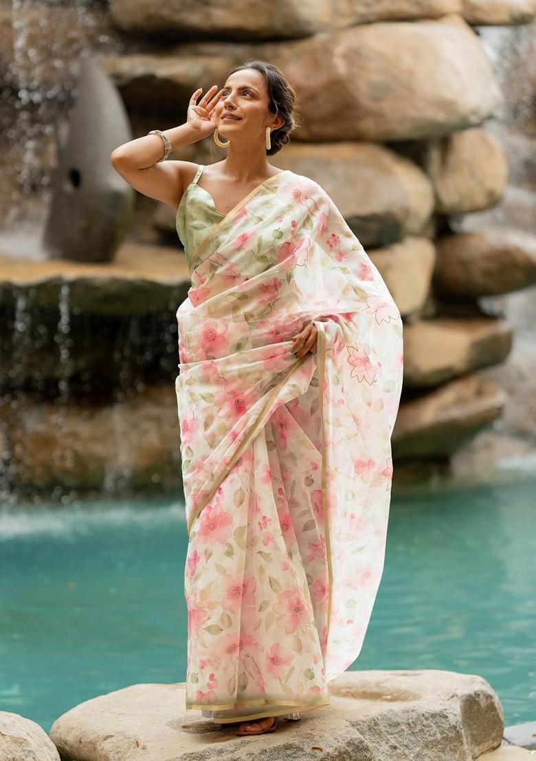 Off White Printed Blended Saree Set