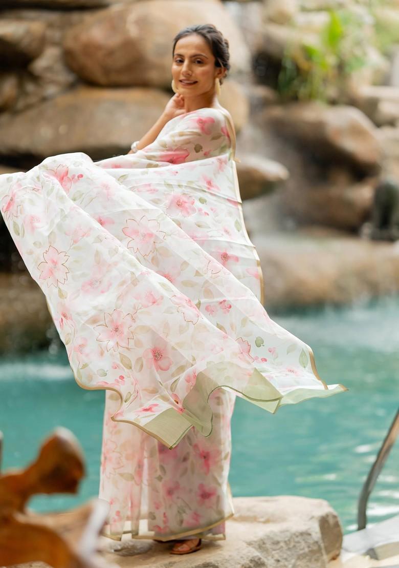 Off White Printed Blended Saree Set