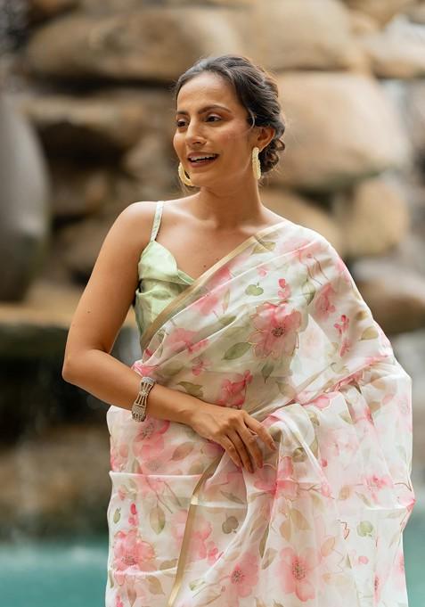 Off White Printed Blended Saree Set