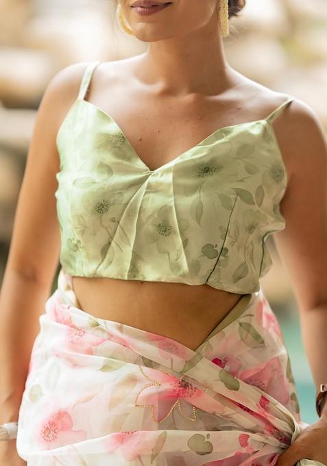 Off White Printed Blended Saree Set