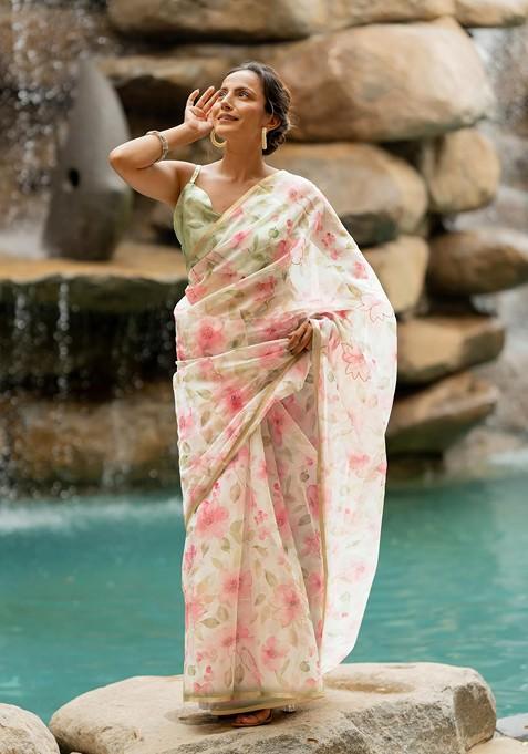 Off White Printed Blended Saree Set