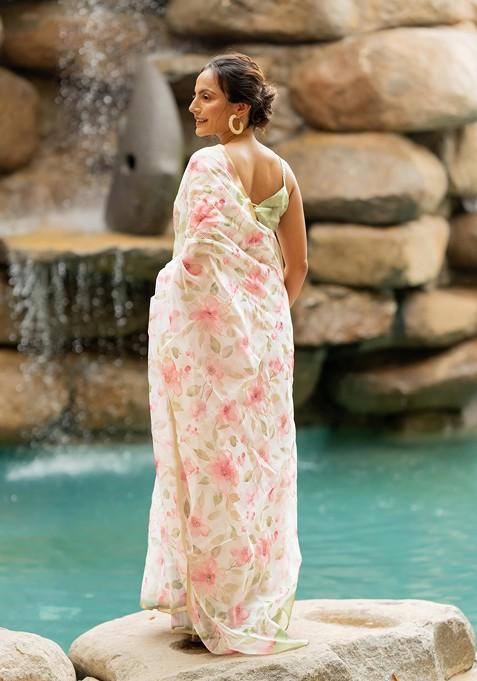 Off White Printed Blended Saree Set