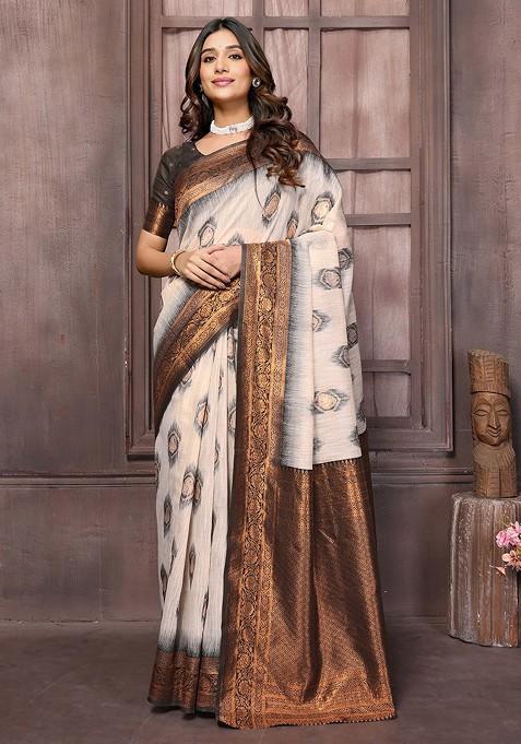Brown Embroidered Blended Saree Set