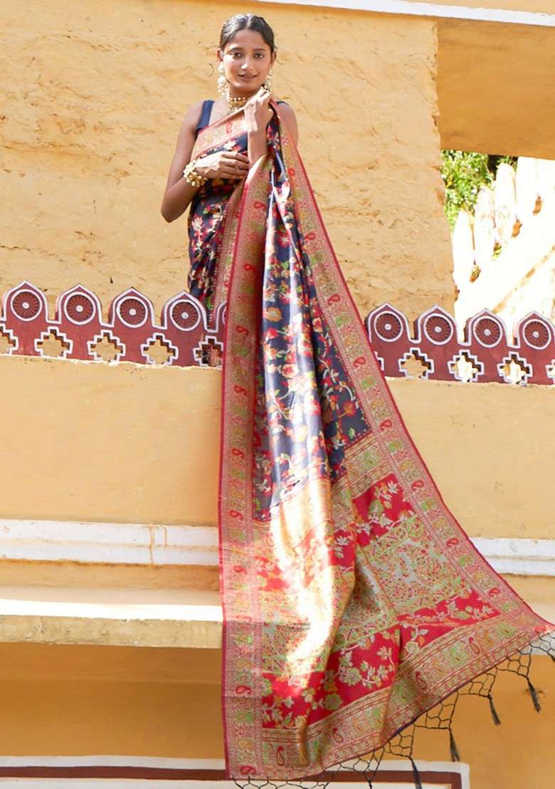 Navy Blue Printed Blended Saree Set for Diwali and Festive Wear - Indya